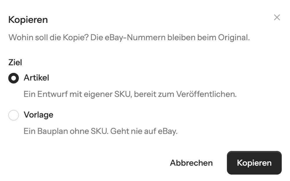 Der Kopieren-Dialog mit der Auswahl zwischen Artikel und Vorlage.