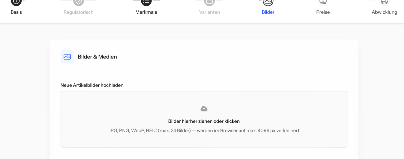 Der Reiter „Bilder“ im Artikel-Editor mit dem Feld zum Hochladen.