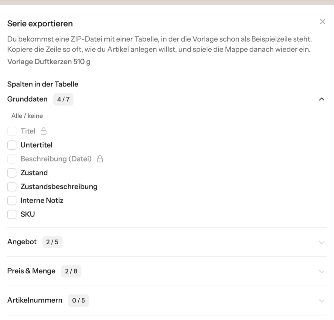 Das Fenster „Serie exportieren“ mit der Spaltenauswahl.